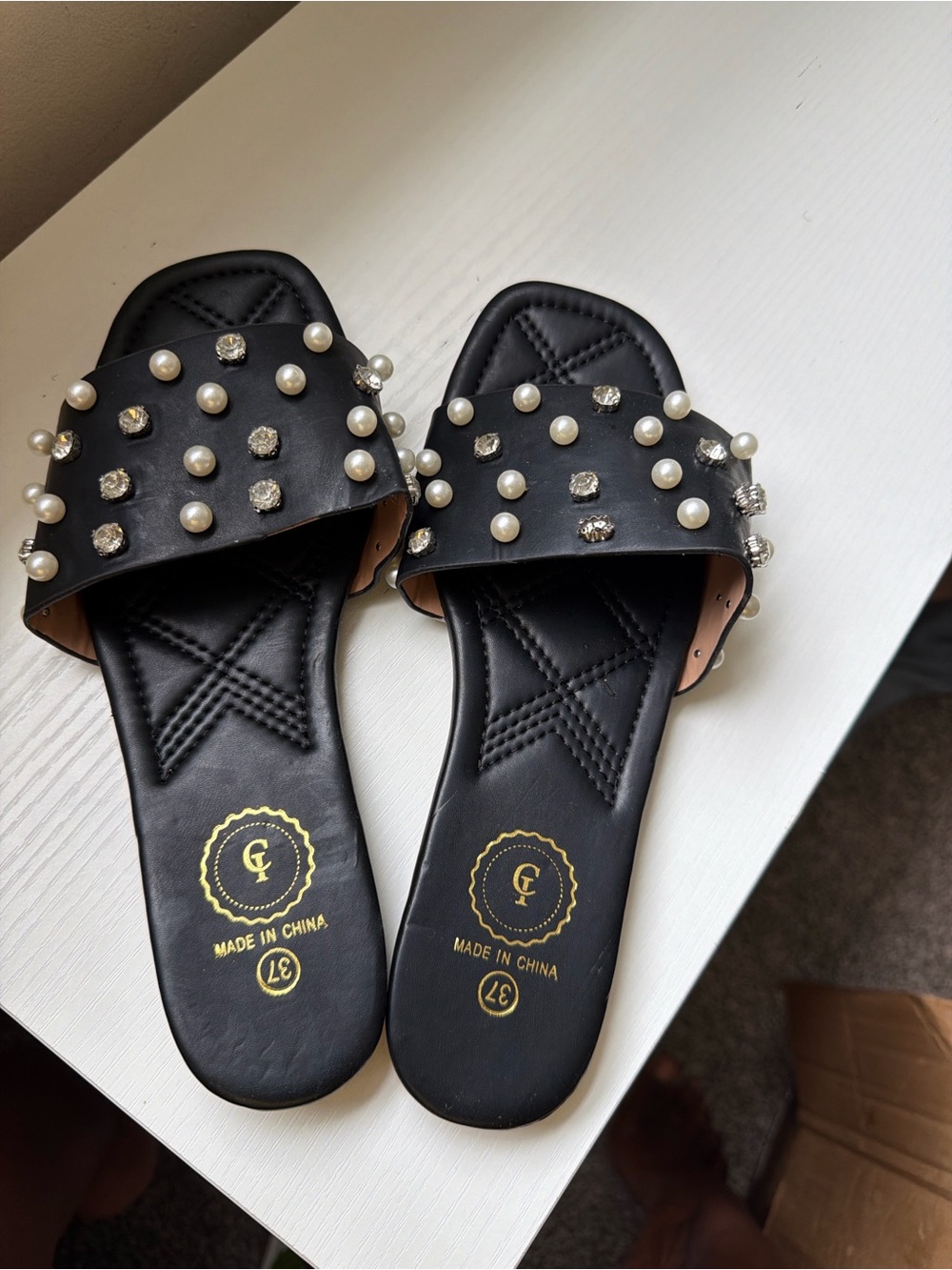 Black Pearl & Gem Slide Sandals